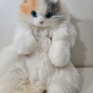 Fluffy White Calico Cat Plush Toy with Blue Eyes
